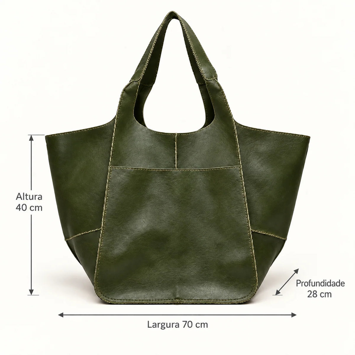 Medidas da bolsa verde Renata: largura 70 cm, altura 40 cm e profundidade 28 cm