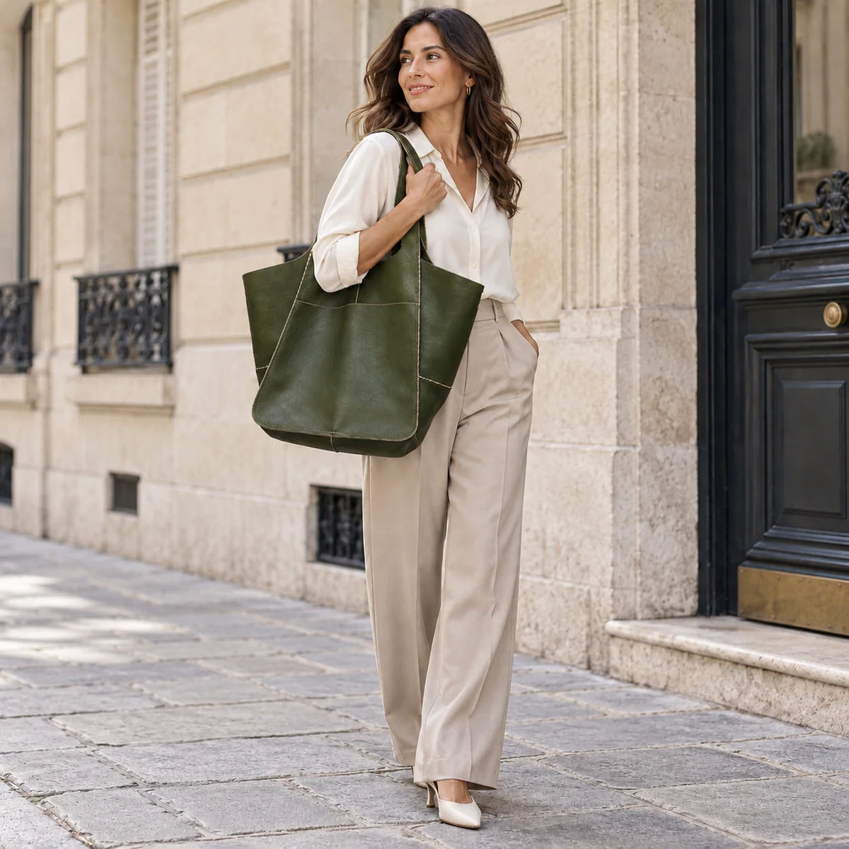 Modelo de corpo inteiro usando a maxi bolsa shopper verde Renata no ombro