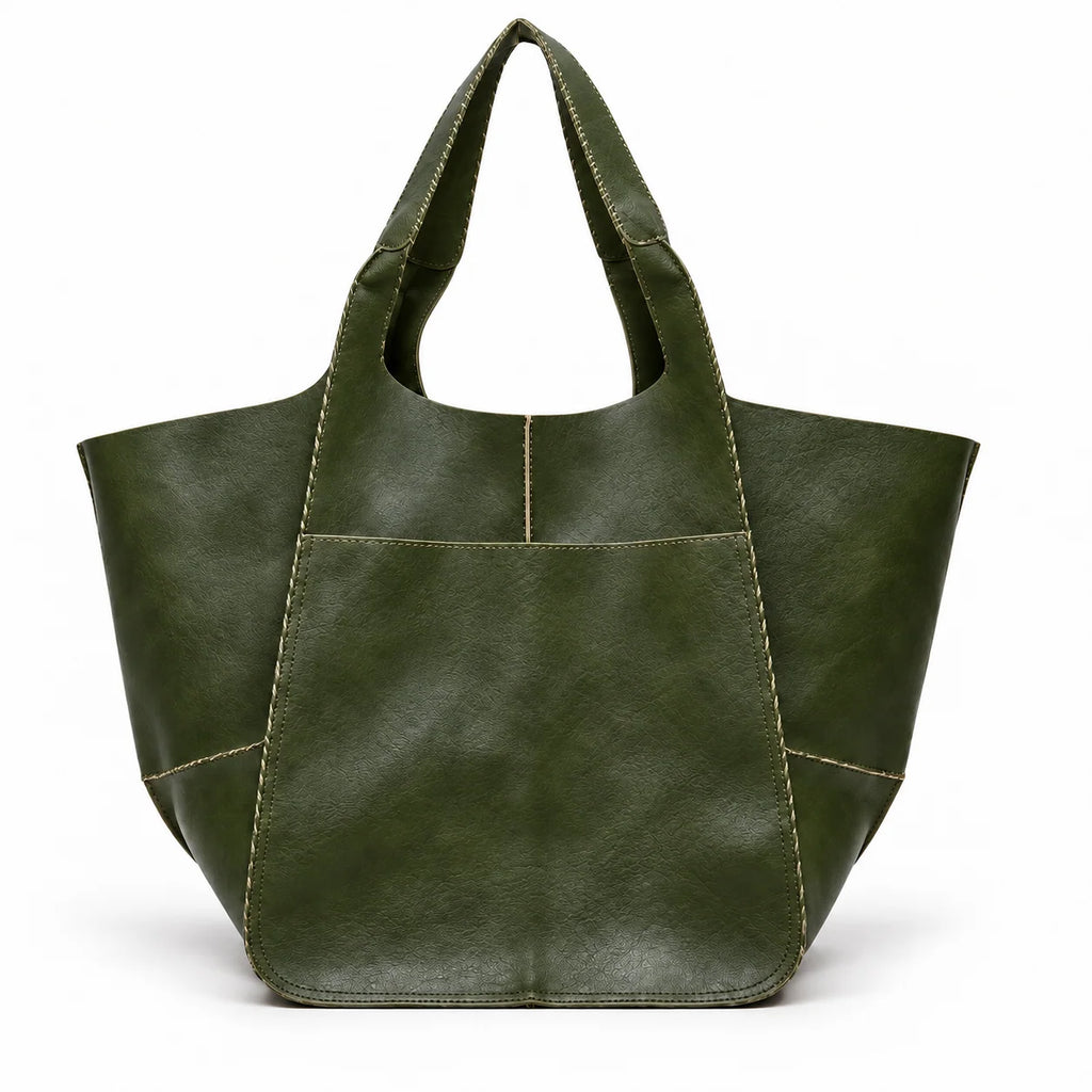 Maxi bolsa shopper feminina verde Renata com alças largas e bolso frontal em fundo branco