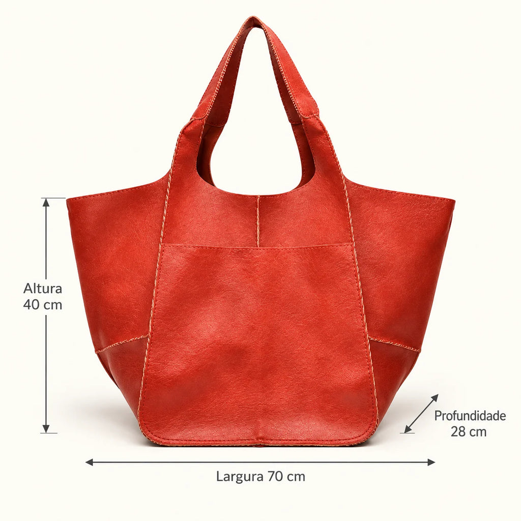 Medidas da bolsa vermelha Renata: largura 70 cm, altura 40 cm e profundidade 28 cm