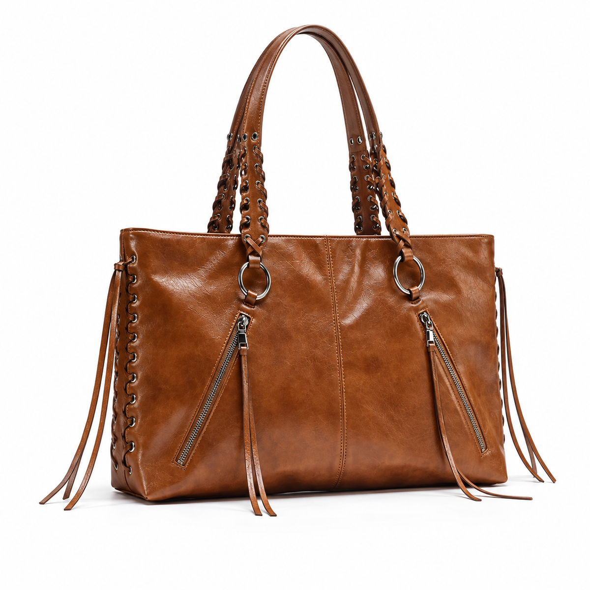Vista lateral da Bolsa Tote Margot marrom com amarrações