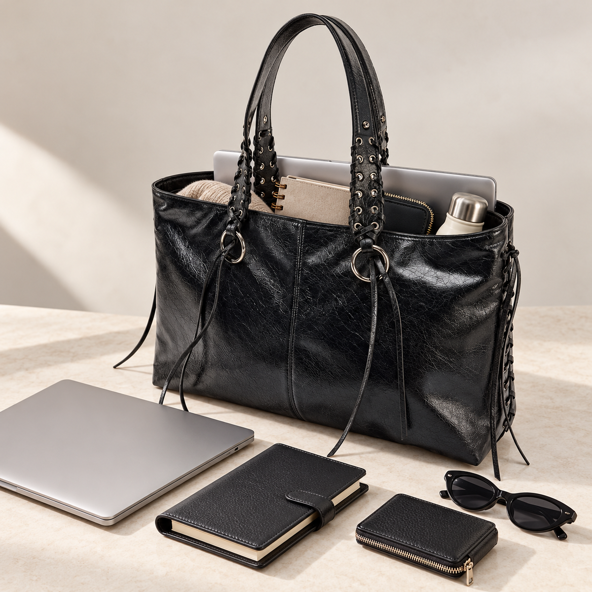 Capacidade da Bolsa Tote Margot preta para itens da rotina