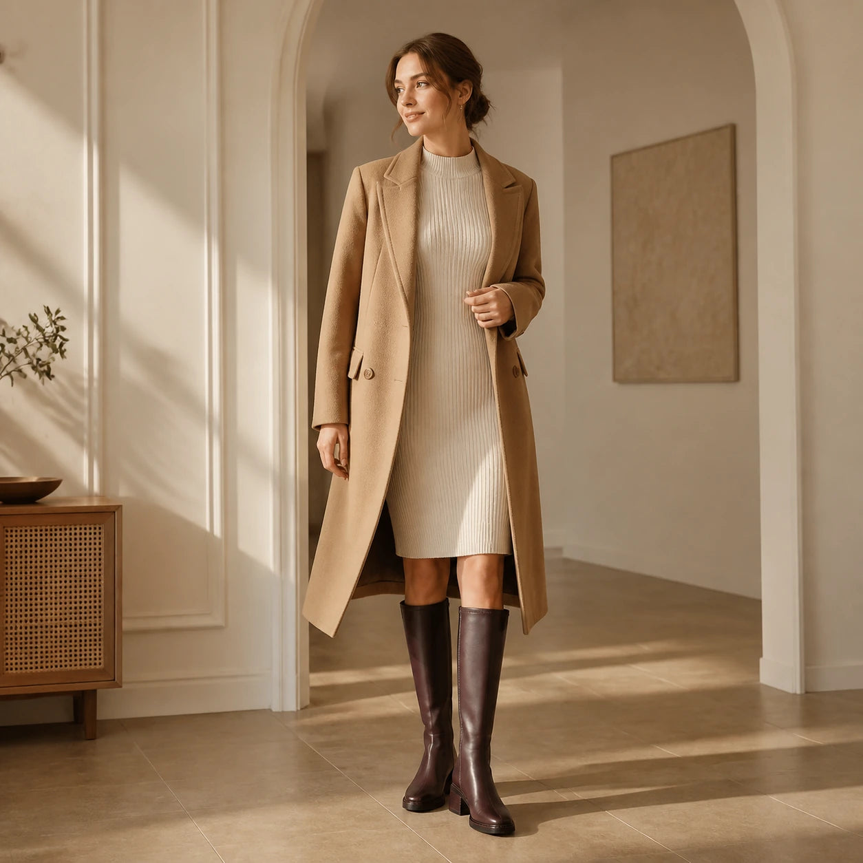 Modelo feminina elegante usando bota marrom cano alto
