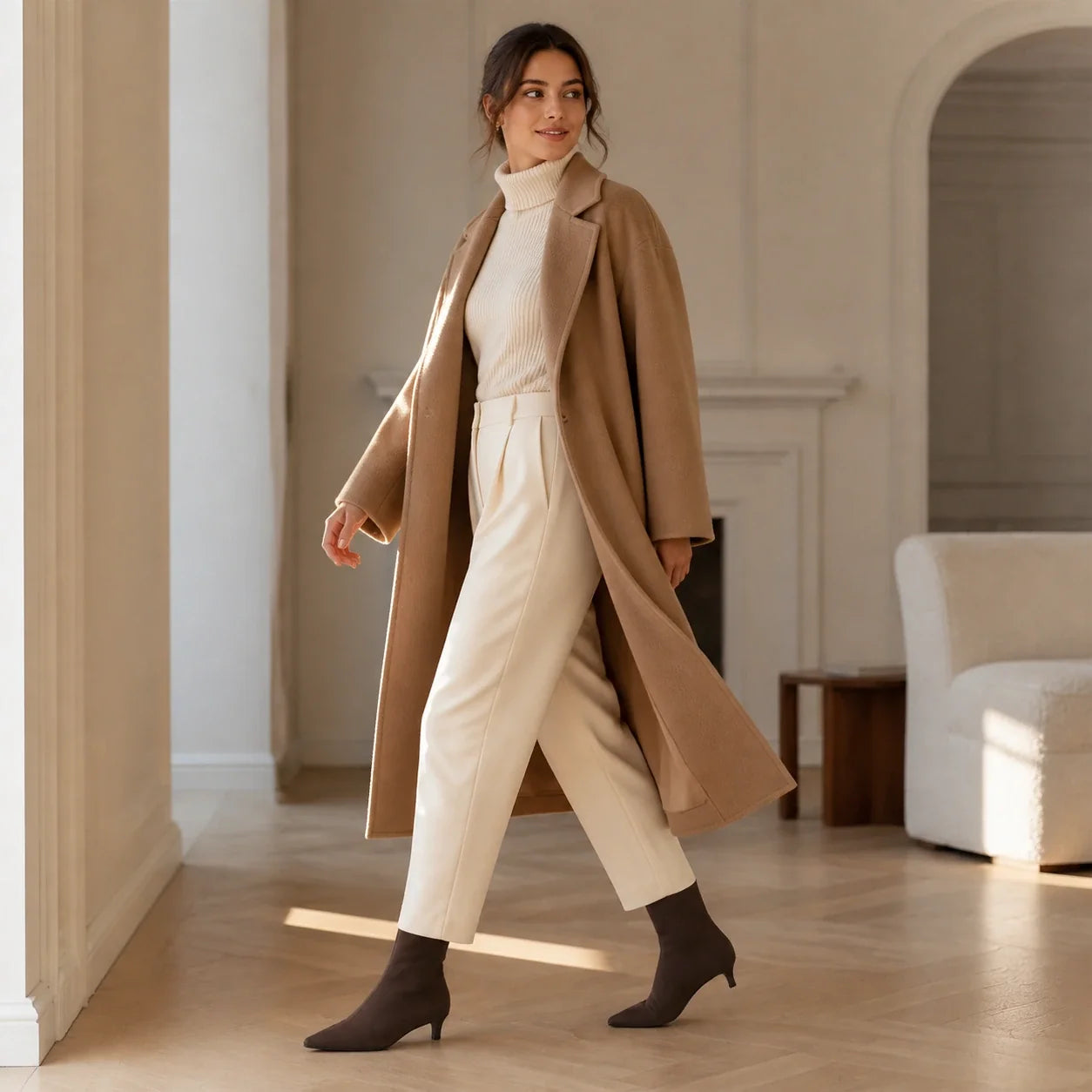 Modelo feminina elegante usando bota marrom Helena