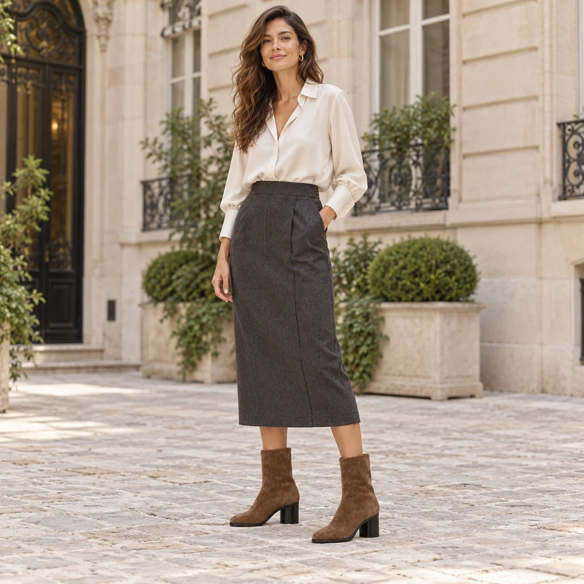 Modelo feminina de corpo inteiro usando botas marrons Nina com textura de camurça