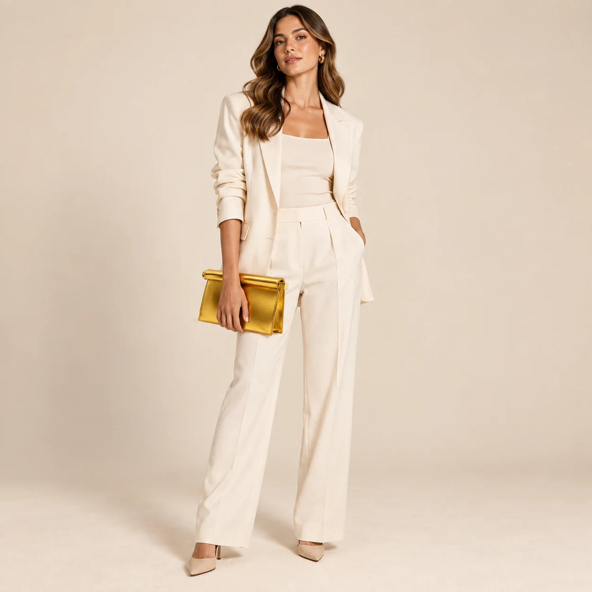 Modelo feminina de corpo inteiro usando Bolsa Clutch Feminina Dourada Metalizada Lumière