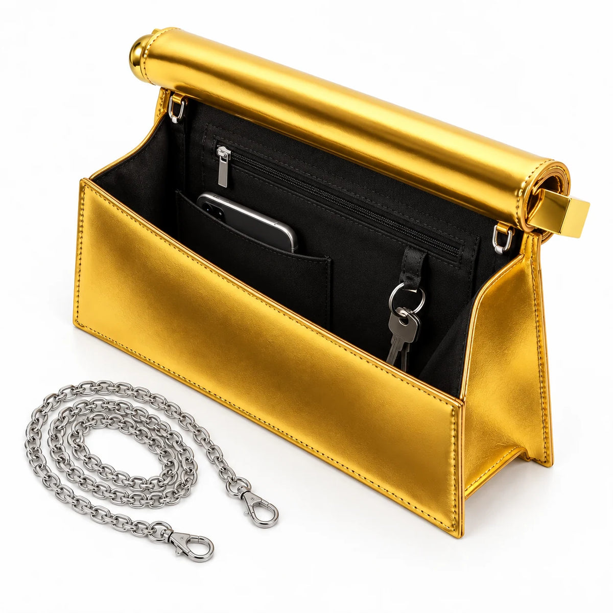 Parte interna da Bolsa Clutch Feminina Dourada Metalizada Lumière