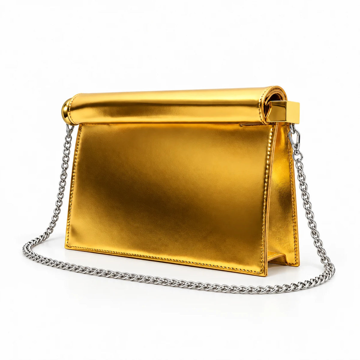 Vista lateral e base da Bolsa Clutch Feminina Dourada Metalizada Lumière