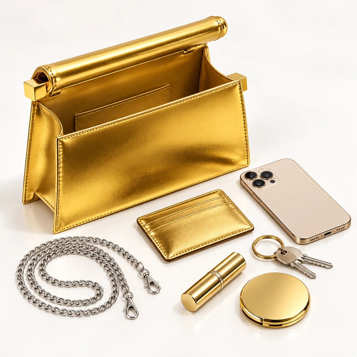 Capacidade interna da Bolsa Clutch Feminina Dourada Metalizada Lumière