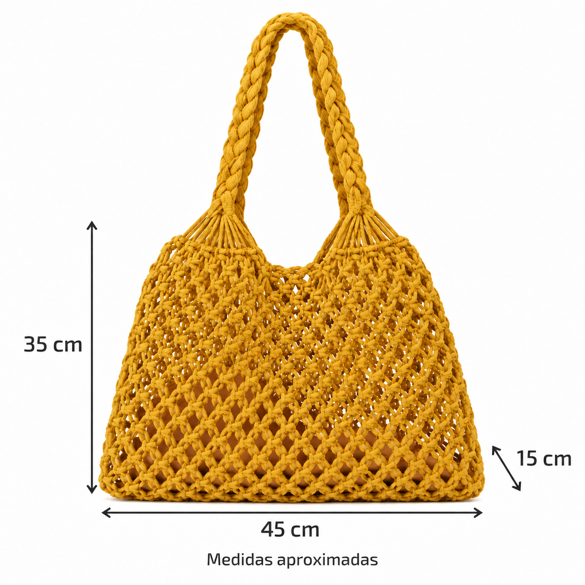 Bolsa de Praia Feminina em Crochê Amarela Maré - medidas