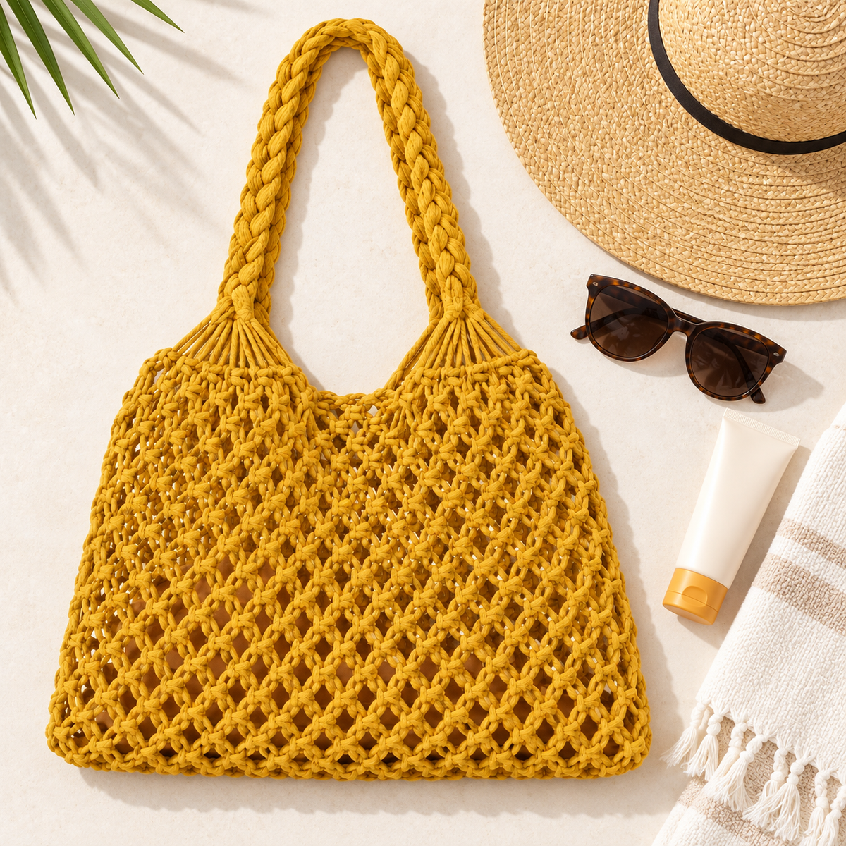 Bolsa de Praia Feminina em Crochê Amarela Maré - composição verão