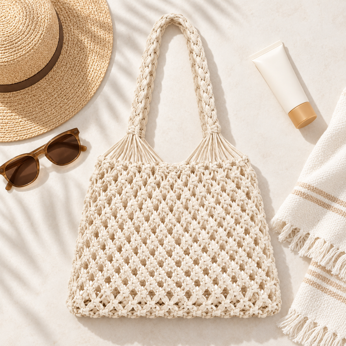 Bolsa de Praia Feminina em Crochê Branca Maré - composição verão