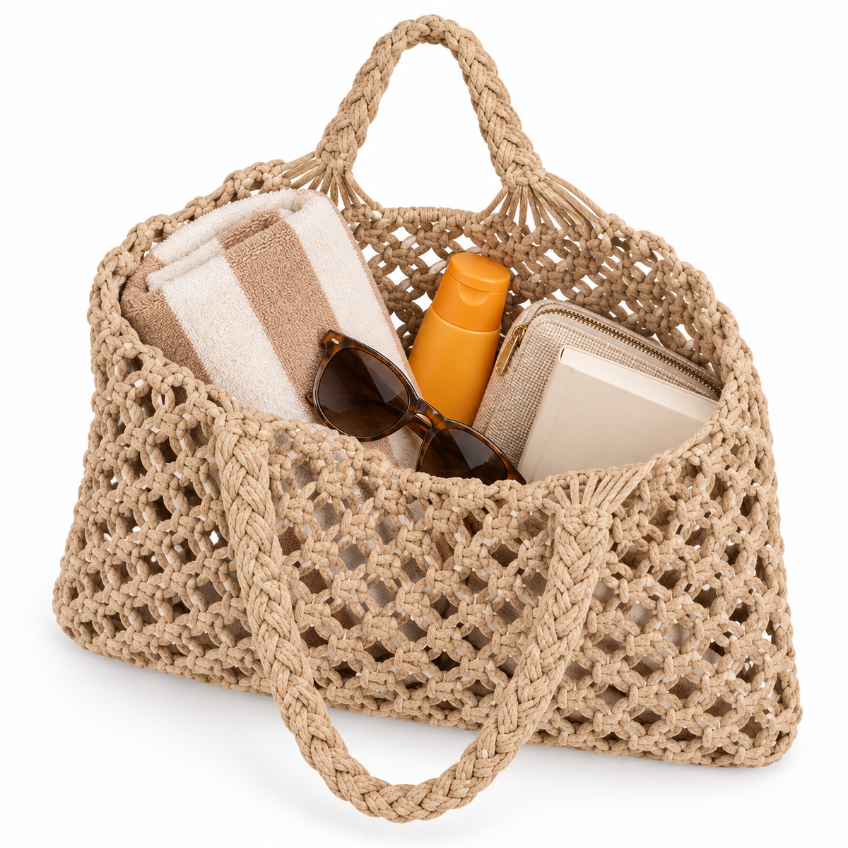 Bolsa de Praia Feminina em Crochê Cáqui Maré - capacidade