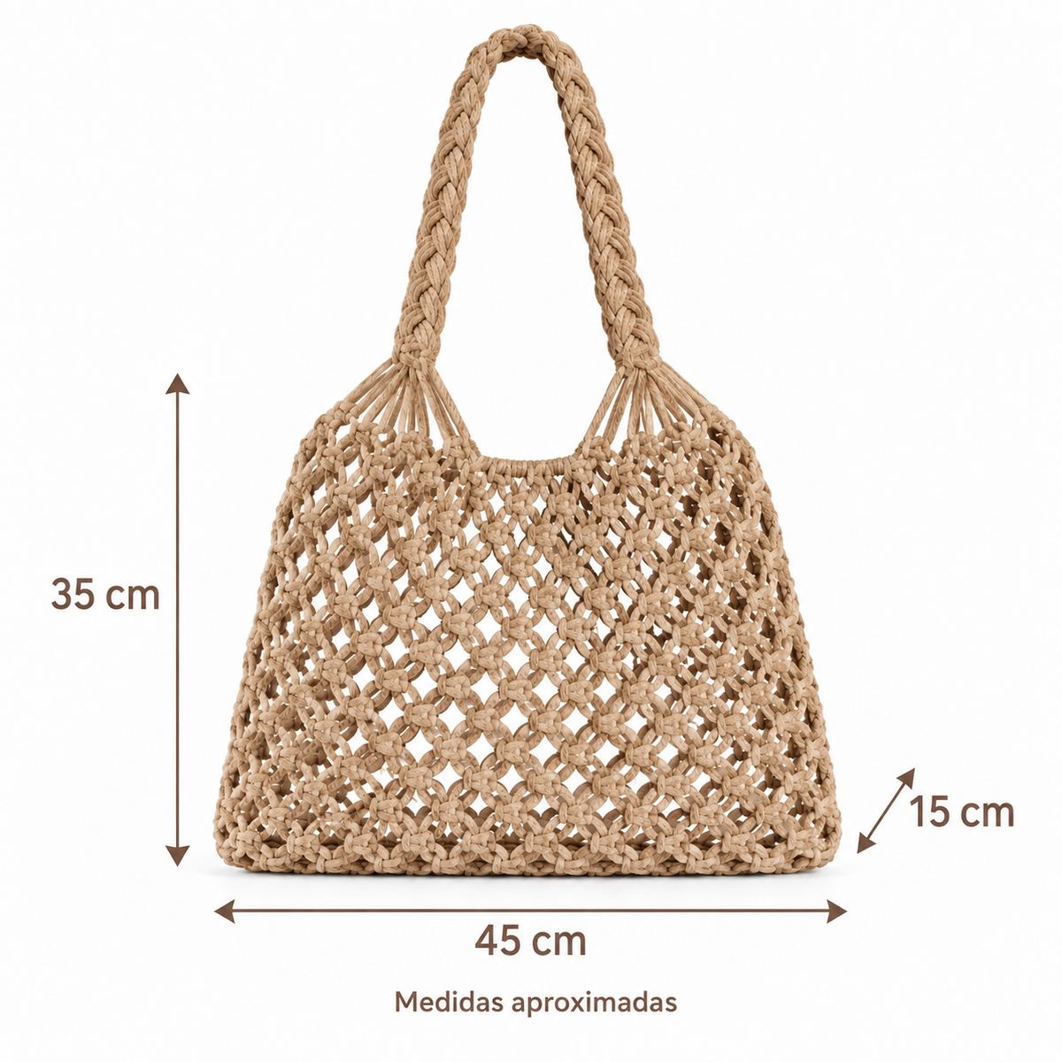 Bolsa de Praia Feminina em Crochê Cáqui Maré - medidas
