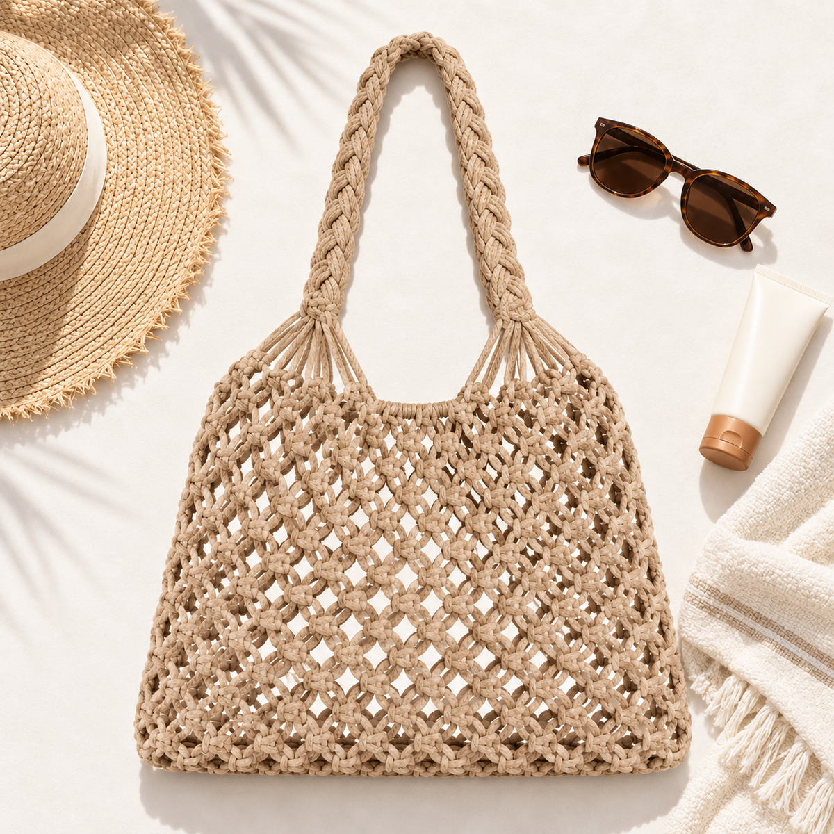 Bolsa de Praia Feminina em Crochê Cáqui Maré - composição verão
