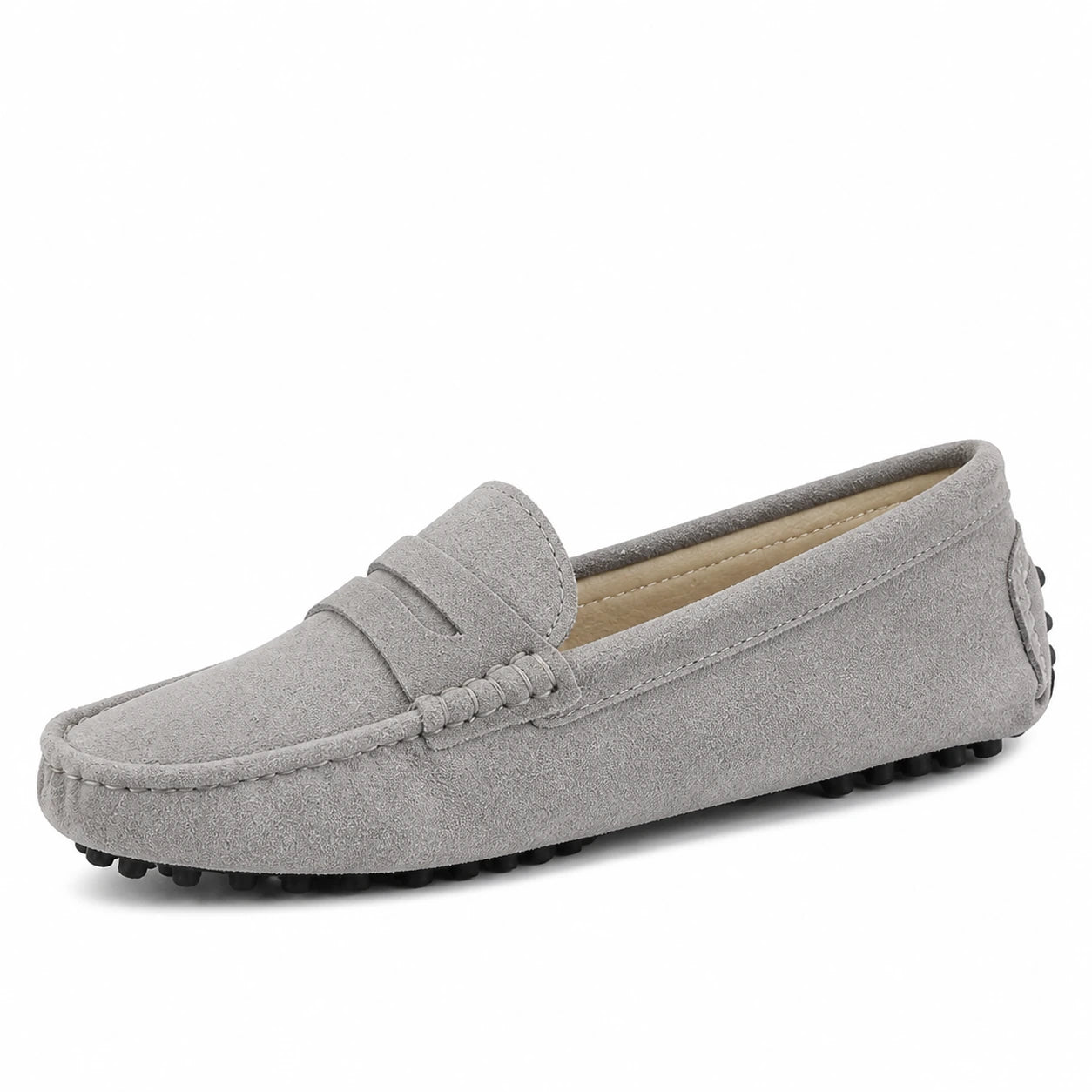 Mocassim Feminino Camurça Sintética Cinza Elisa em fundo branco