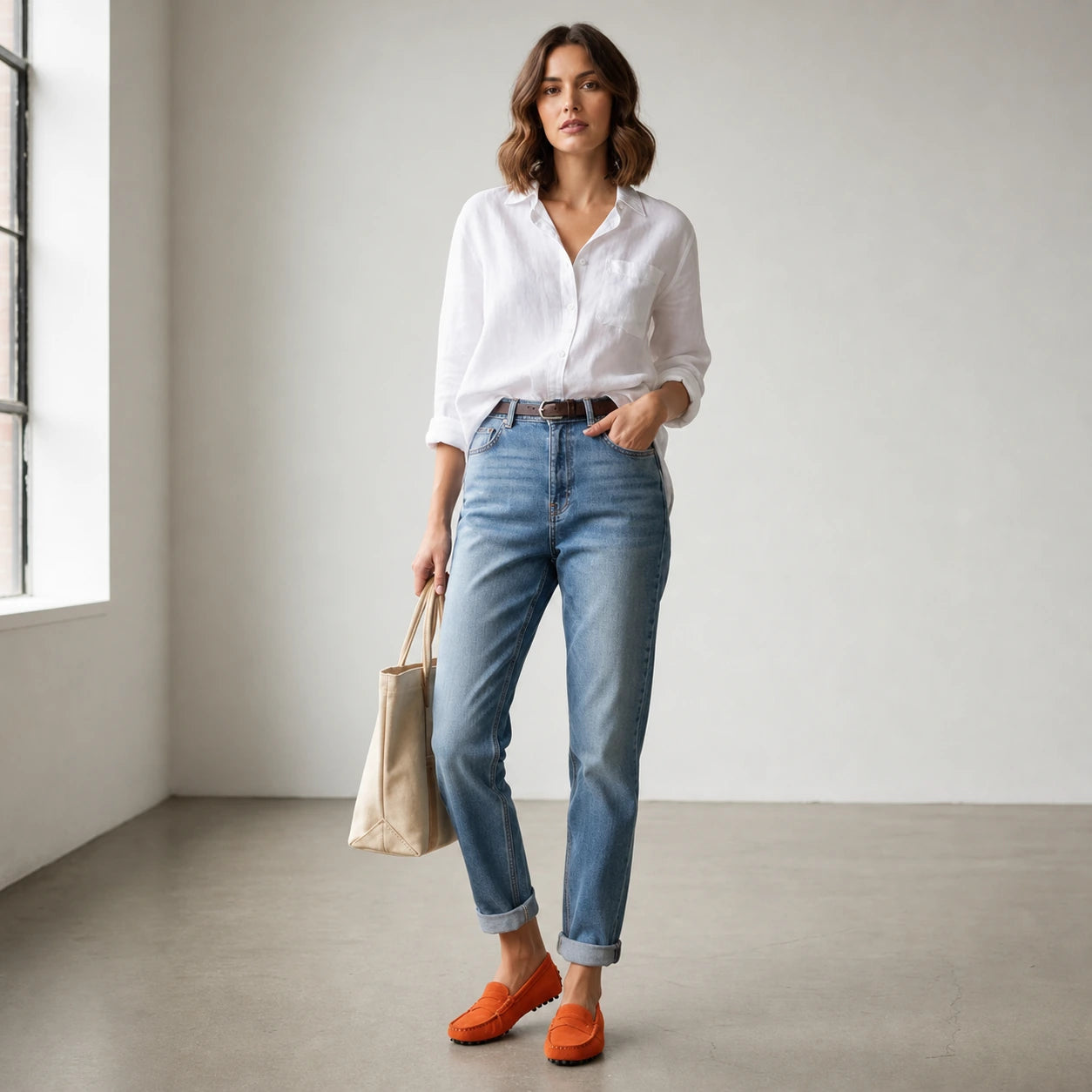 Modelo usando Mocassim Feminino Laranja Elisa
