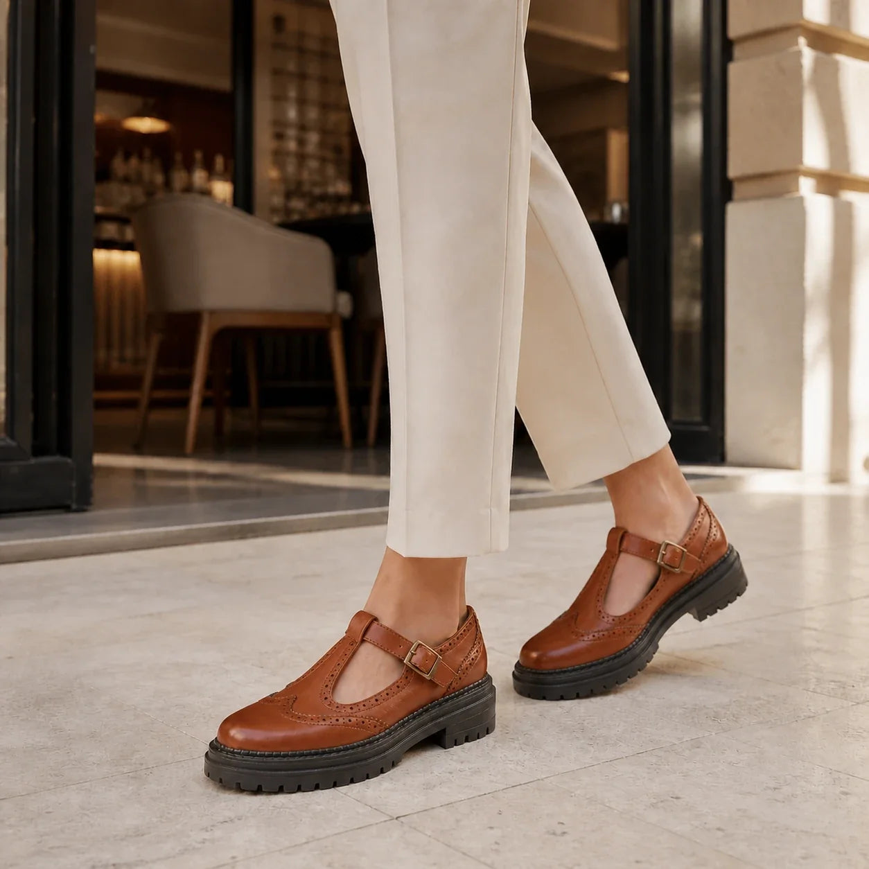 Mocassim feminino marrom claro Amélie compondo look elegante