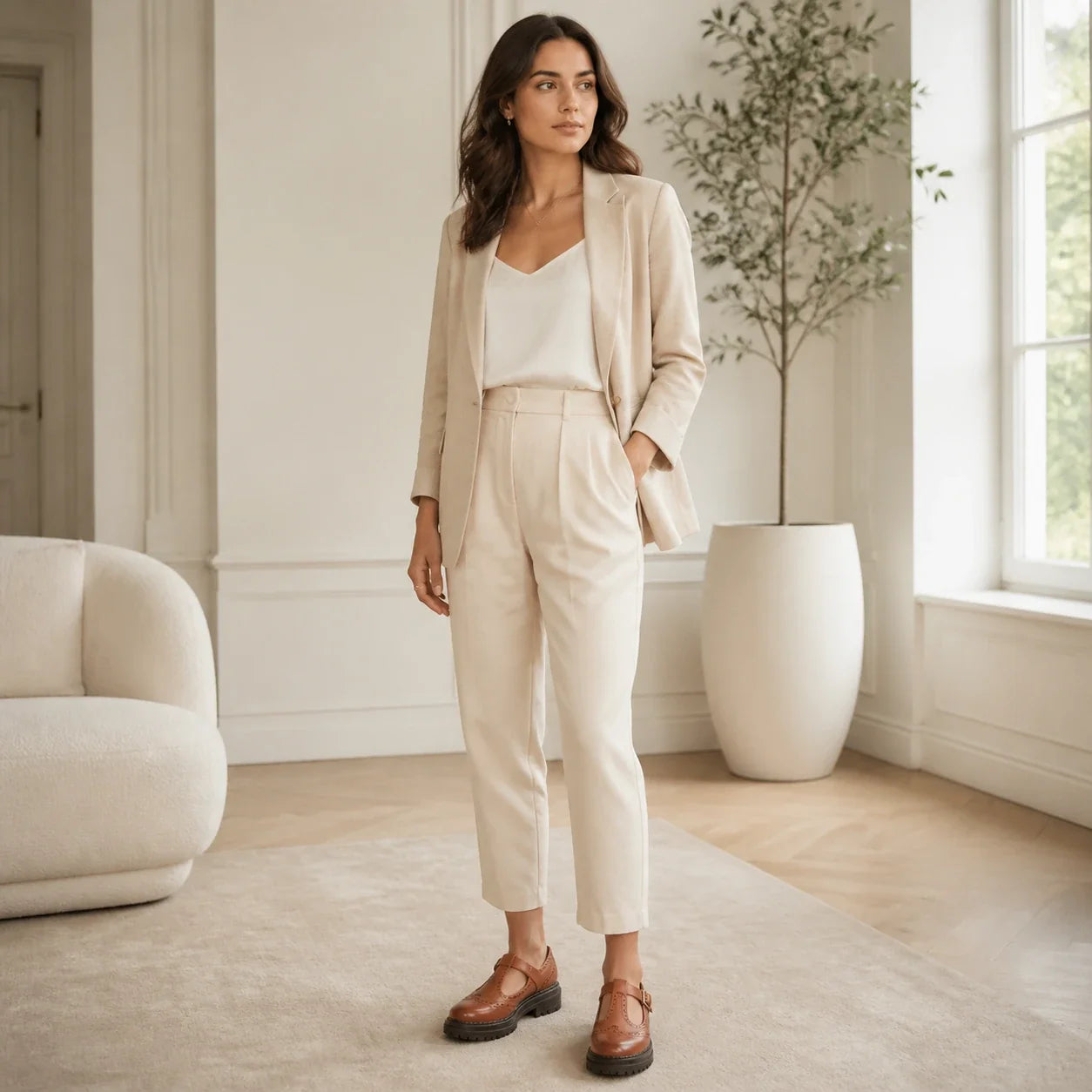 Modelo de corpo inteiro usando mocassim feminino marrom claro Amélie