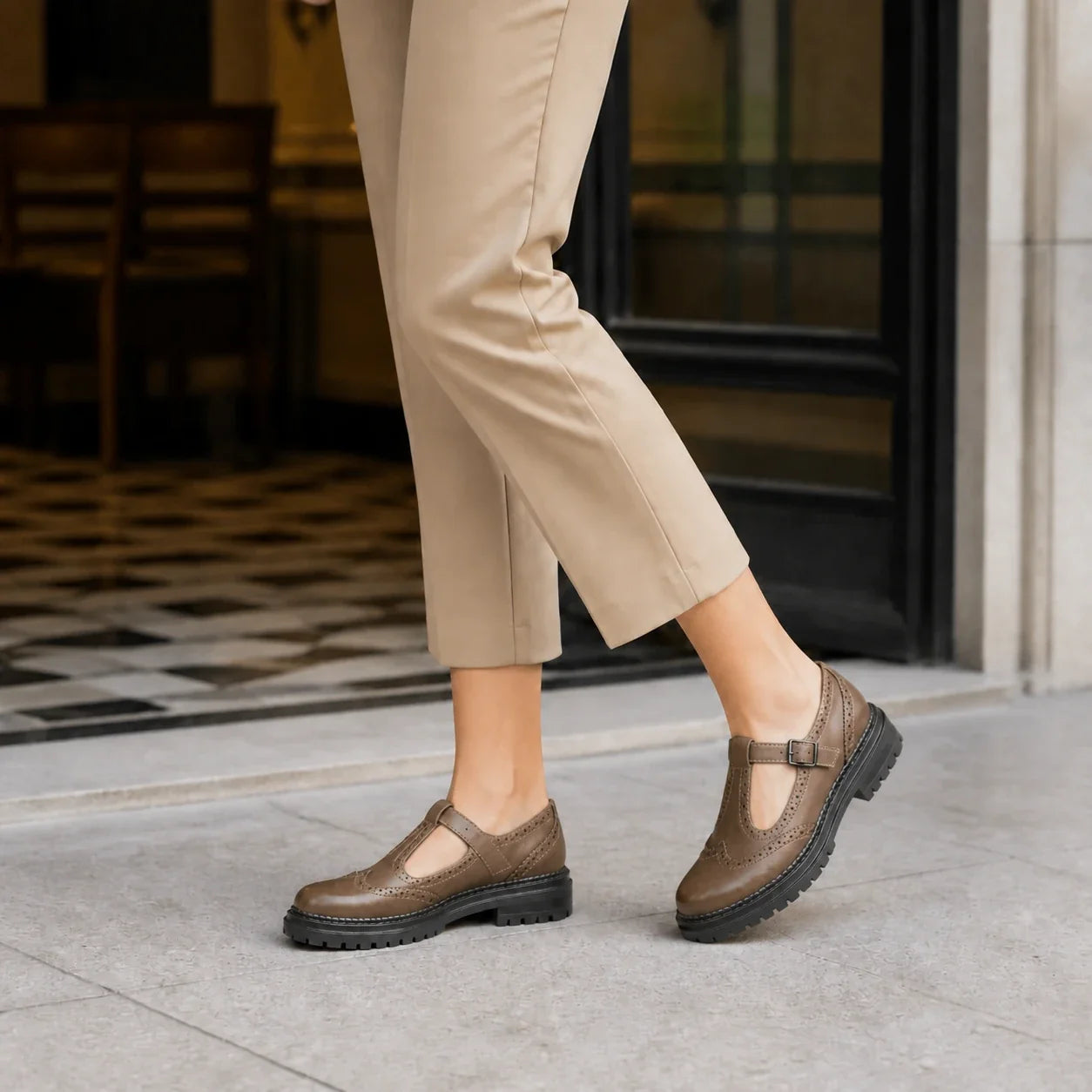 Mocassim feminino marrom Margot compondo look elegante