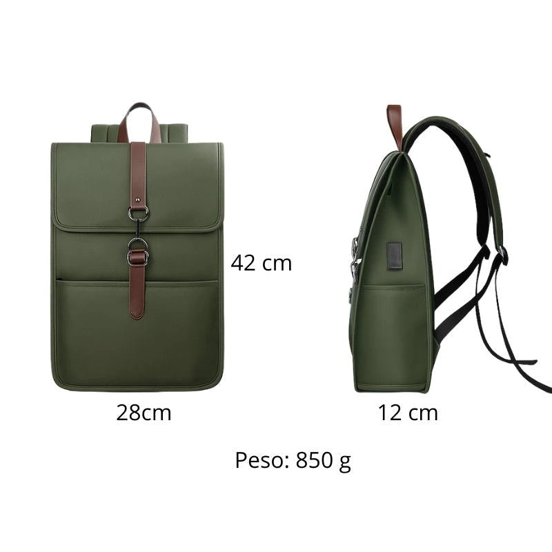 Dimensões da mochila feminina verde: 28 por 12 por 42 centímetros
