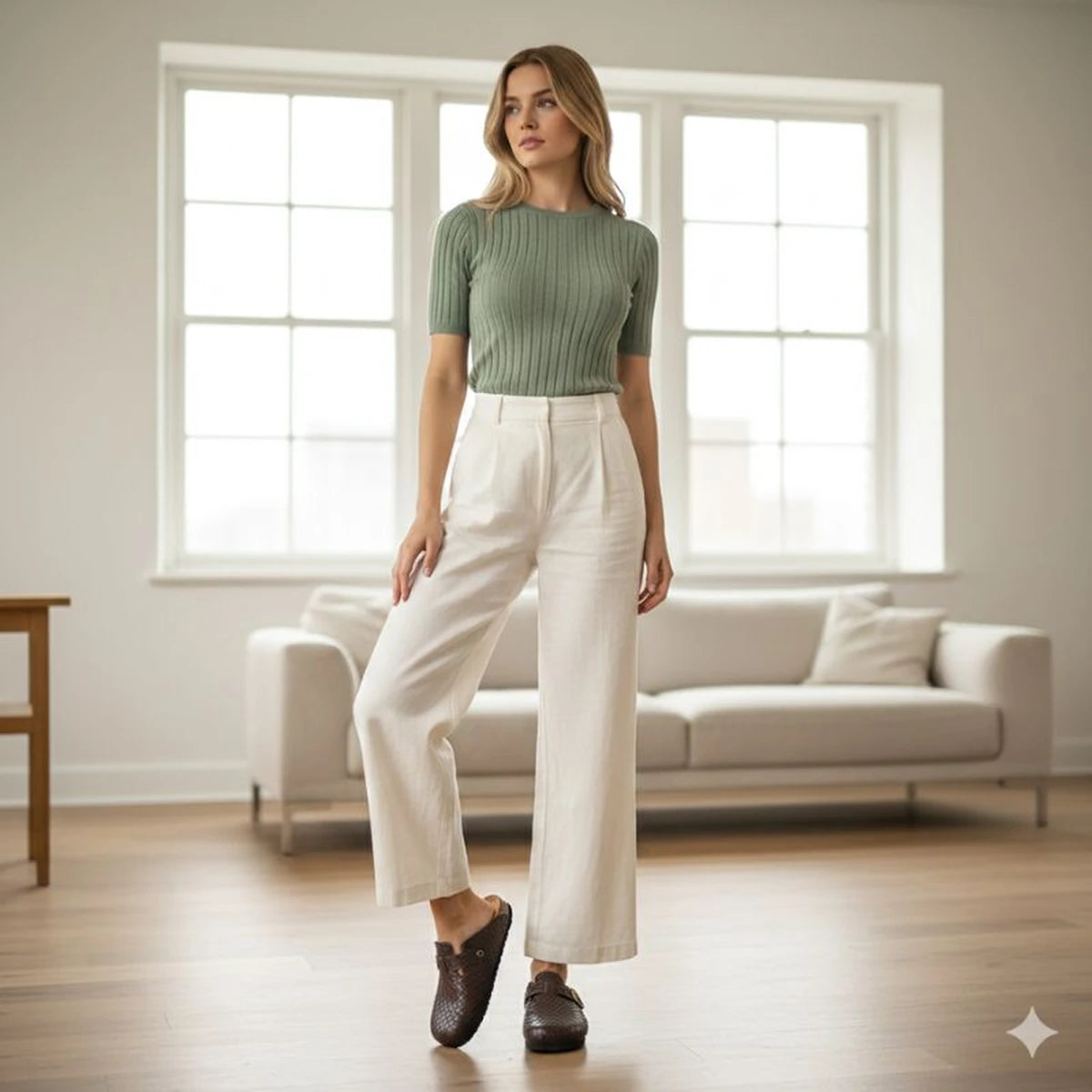 Modelo de corpo inteiro usando mule feminino marrom