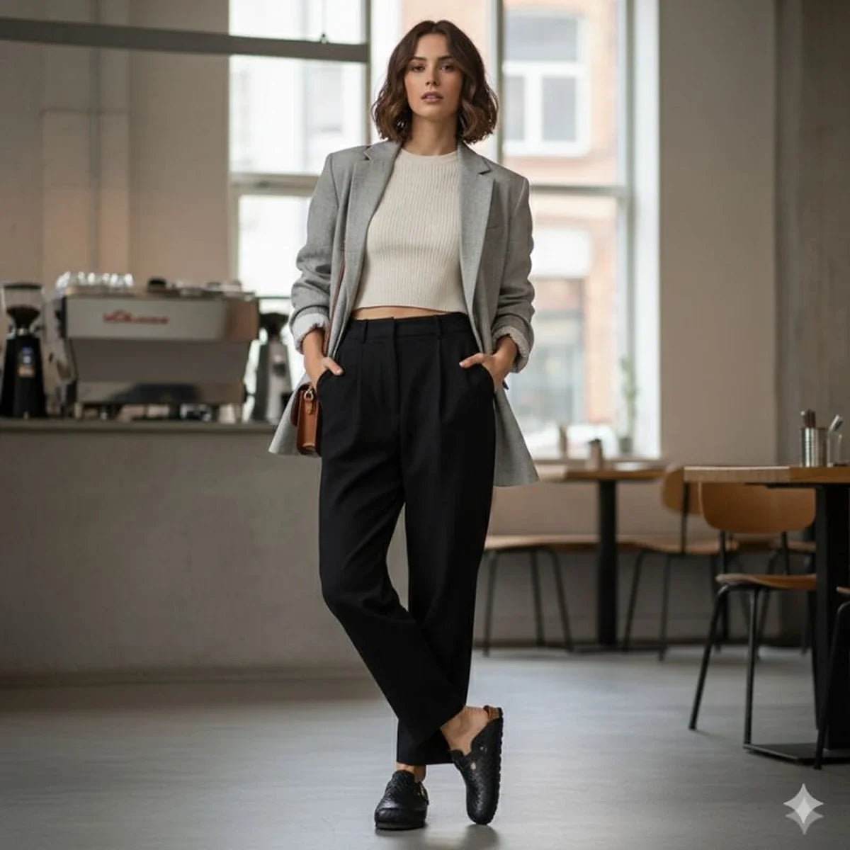 Modelo de corpo inteiro usando mule feminino preto