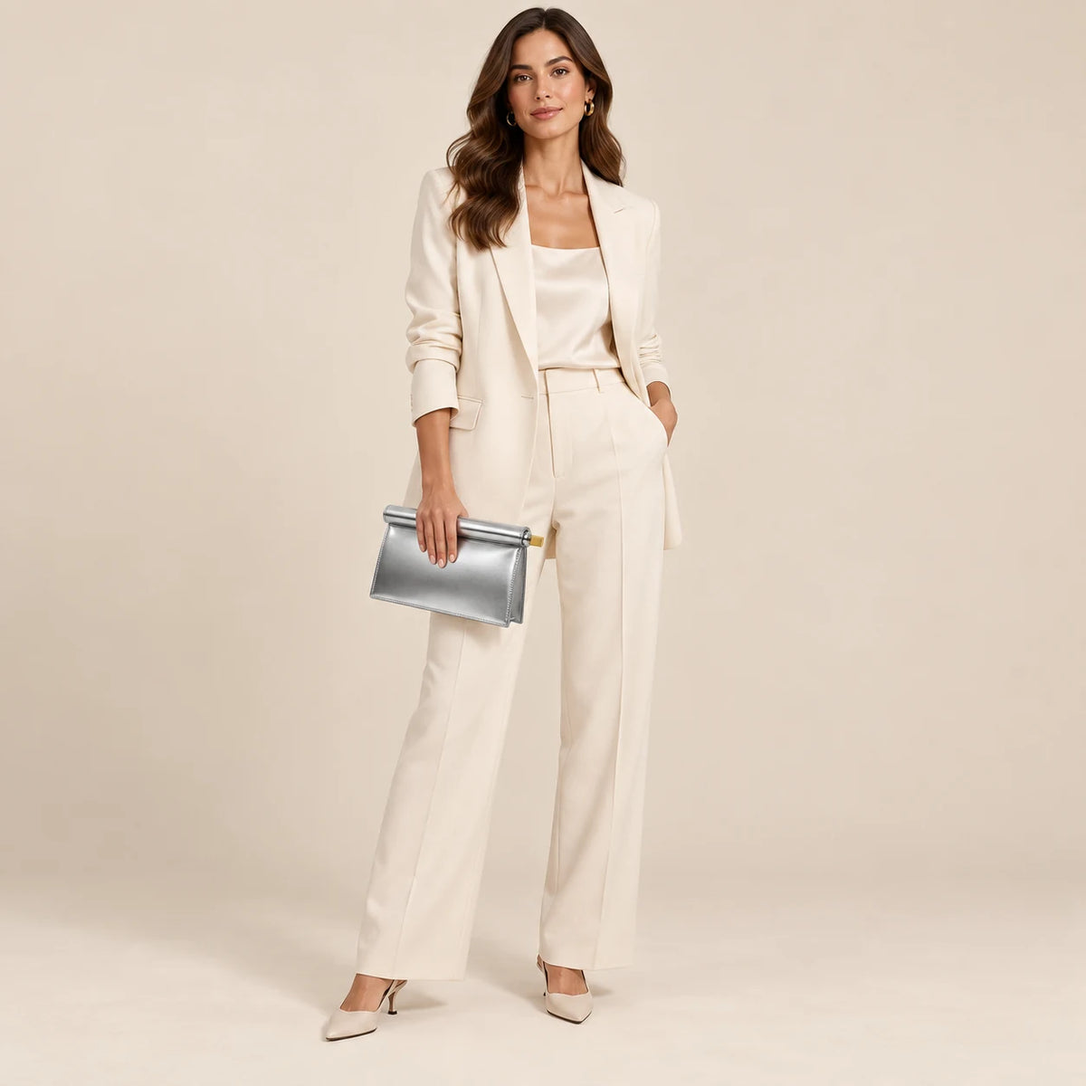 Modelo feminina de corpo inteiro usando Bolsa Clutch Feminina Prata Metalizada Lumière