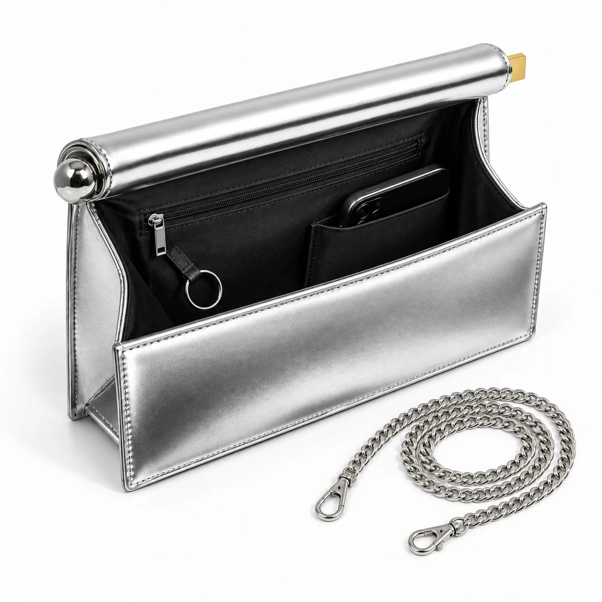 Parte interna da Bolsa Clutch Feminina Prata Metalizada Lumière