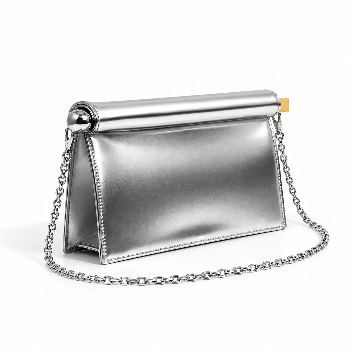 Vista lateral e base da Bolsa Clutch Feminina Prata Metalizada Lumière
