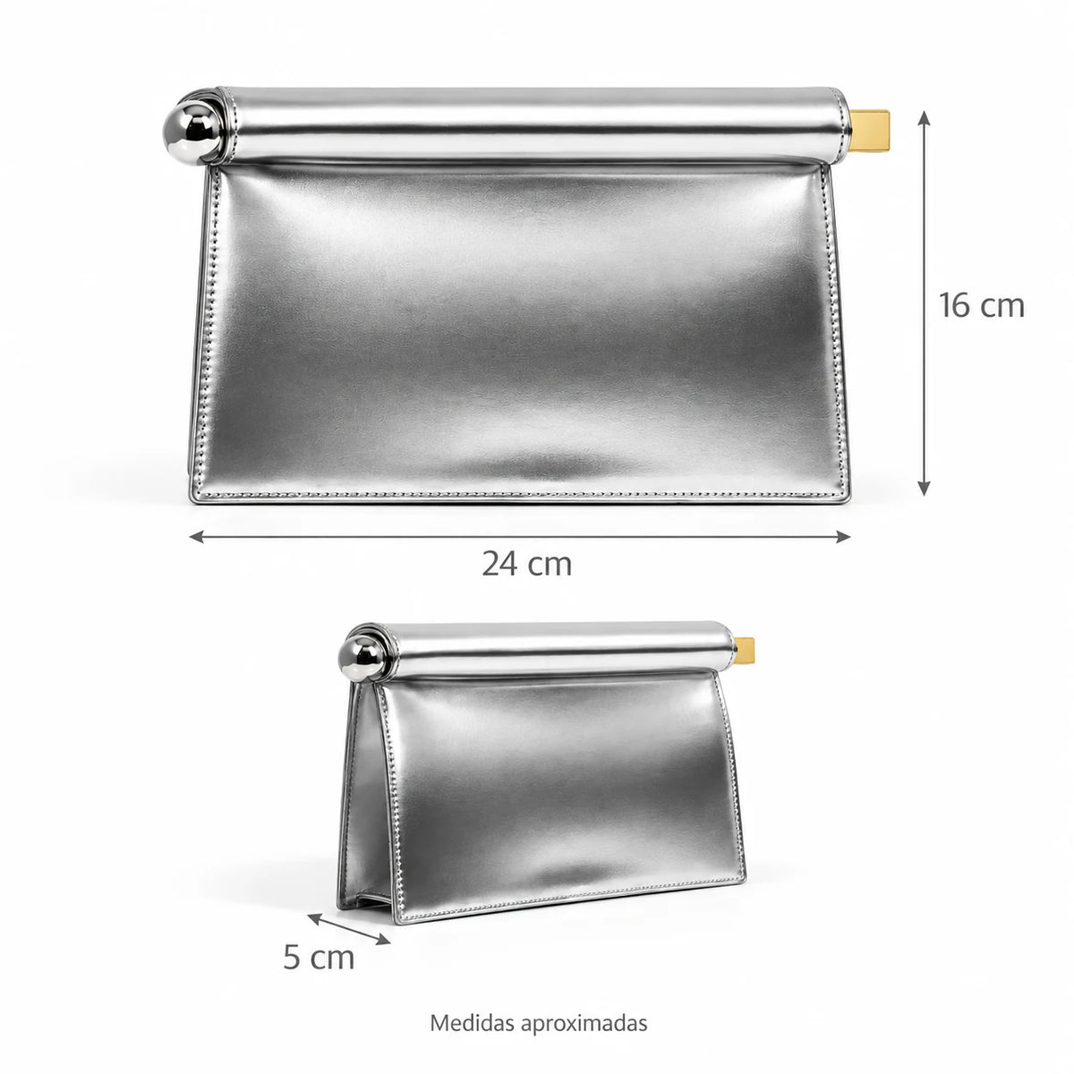 Medidas da Bolsa Clutch Feminina Prata Metalizada Lumière em centímetros