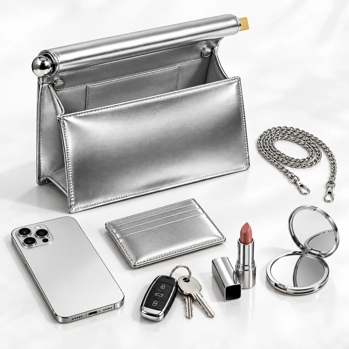 Capacidade interna da Bolsa Clutch Feminina Prata Metalizada Lumière