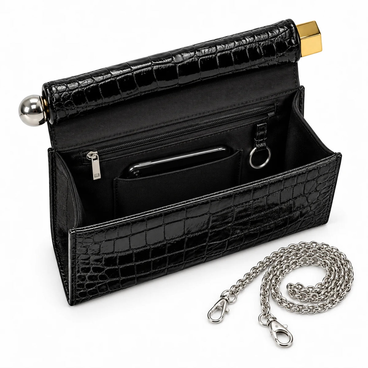 Parte interna da Bolsa Clutch Feminina Preta Croco Lumière