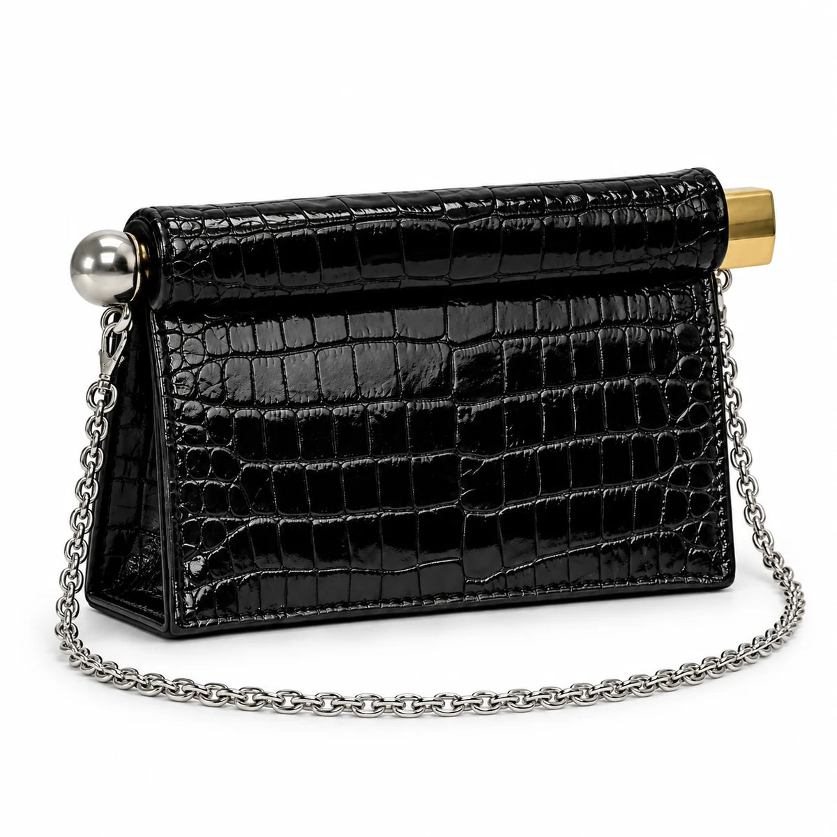 Vista lateral e base da Bolsa Clutch Feminina Preta Croco Lumière