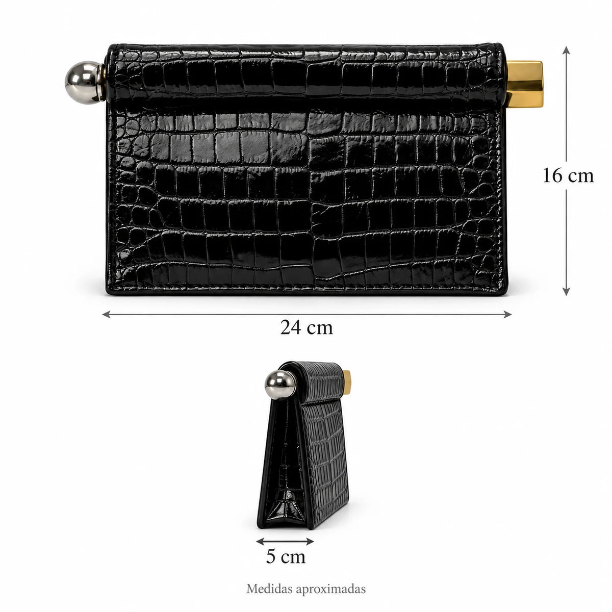 Medidas da Bolsa Clutch Feminina Preta Croco Lumière em centímetros