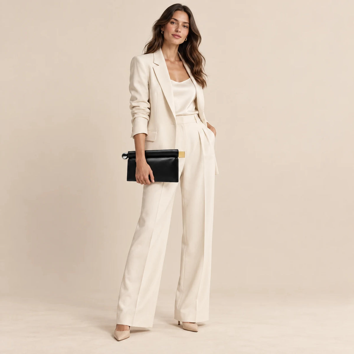 Modelo feminina de corpo inteiro usando Bolsa Clutch Feminina Preta Lisa Lumière