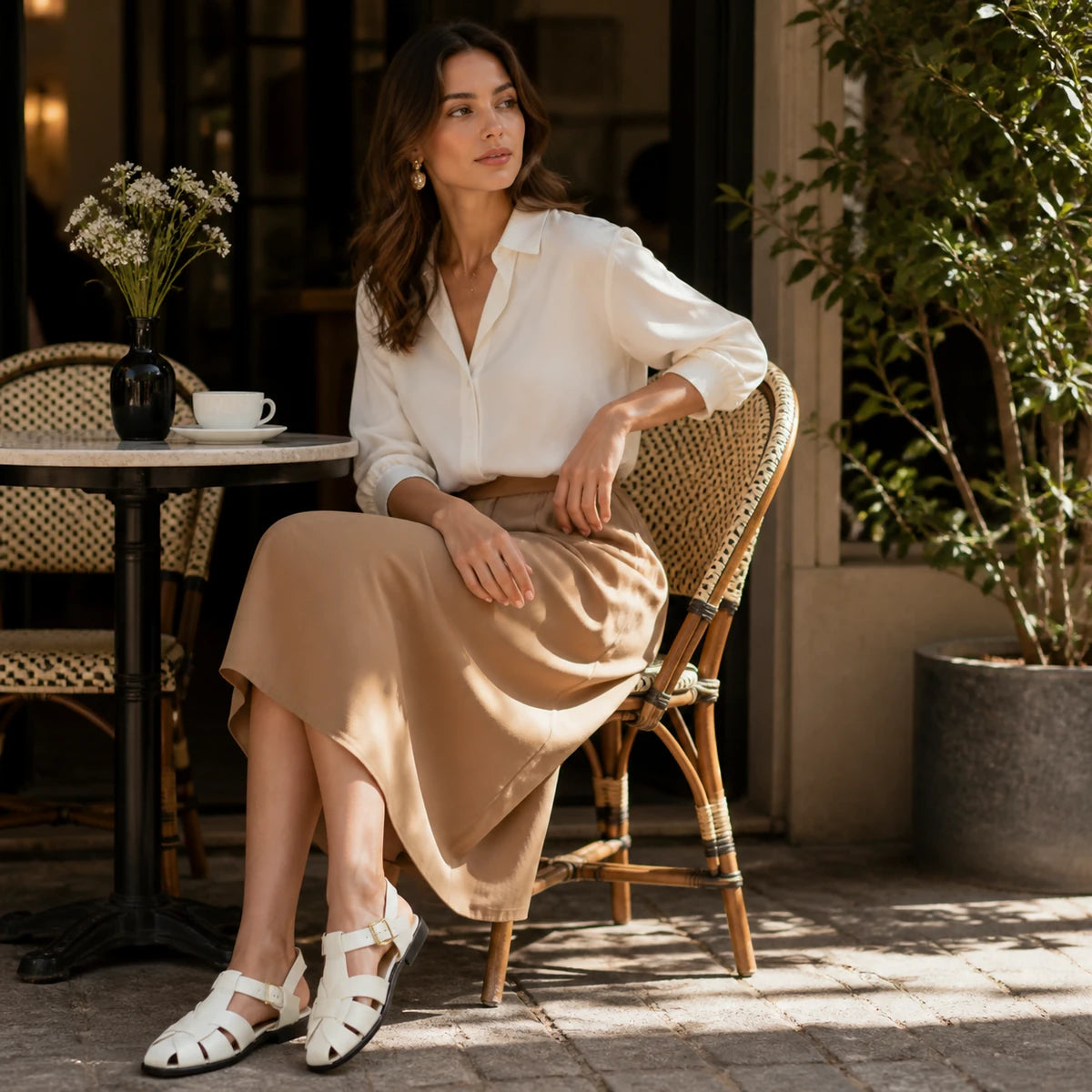 Modelo elegante usando sandália fisherman feminina branca