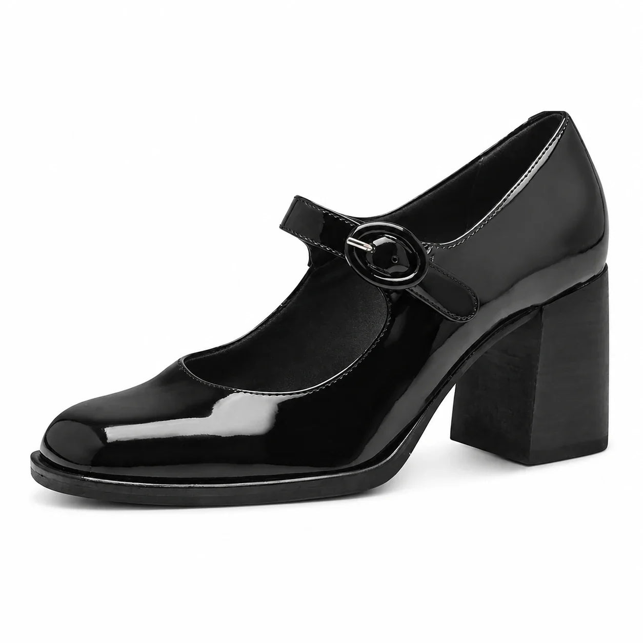 Sapato Mary Jane feminino Preto Verniz Eleanor em perfil com fundo branco