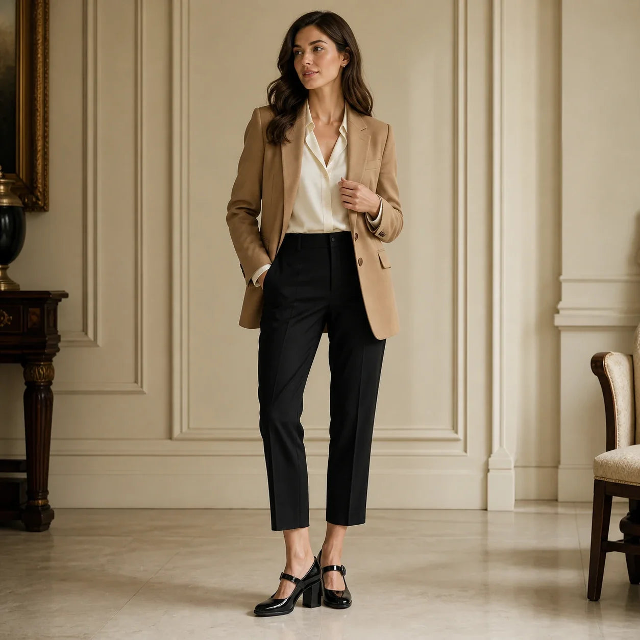 Modelo de corpo inteiro usando Sapato Mary Jane Preto Verniz Eleanor com alfaiataria elegante