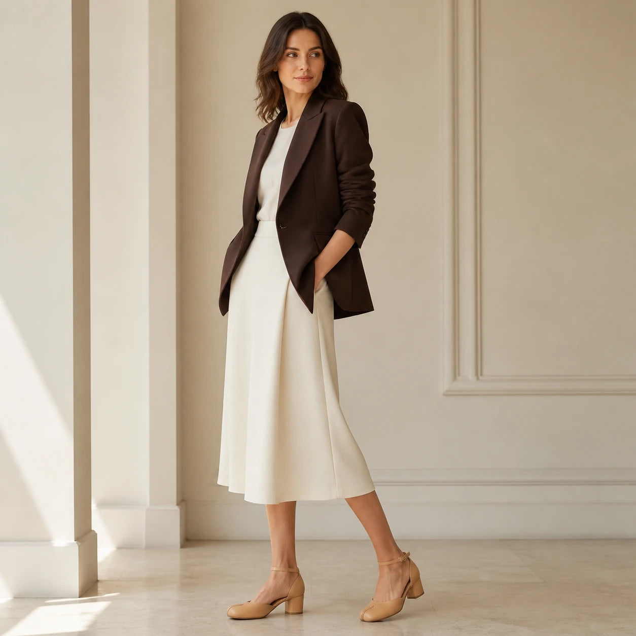 Modelo de corpo inteiro usando Sapato Tabi feminino Nude Naomi com look elegante