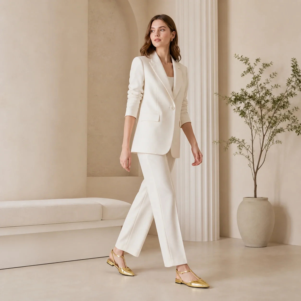 Modelo feminina elegante usando slingback dourado Celeste
